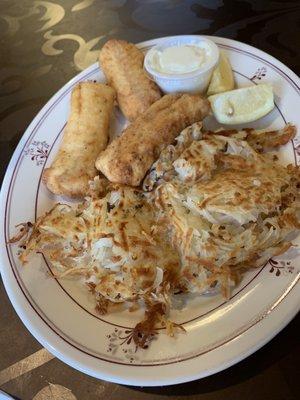 Three piece cod with hash browns.