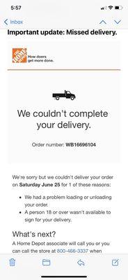 The email I luckily found before the end of the night after I took off work to wait for the delivery.