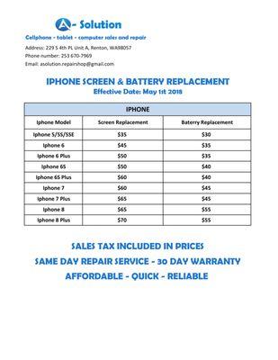 Iphone & baterry screen replacement pricing