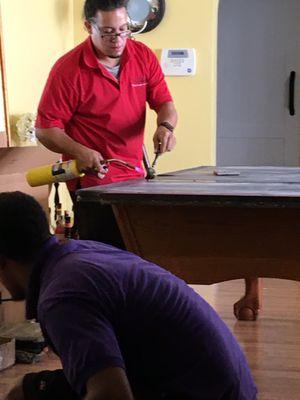 Joel "welding" the slate pieces together.