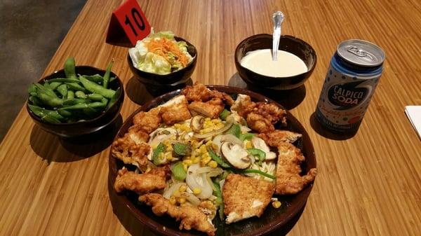 Wafuu Pasta, Edamame, Side Salad, and Mayo based dip. Everything is awesome!