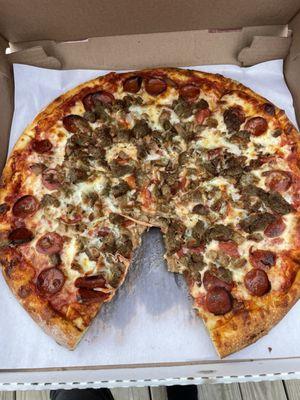 Sausage, mushroom, pepperoni pizza.