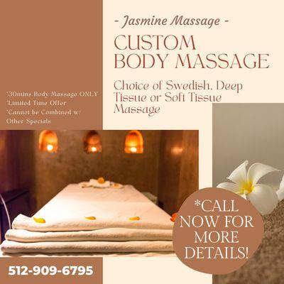 Jasmine Massage
 3407 Wells Branch Pkwy Suite 750, Austin, TX 78728
 Call us at 512-909-6795