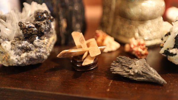 Orange selenite and black kayanite specimens unique and hand picked