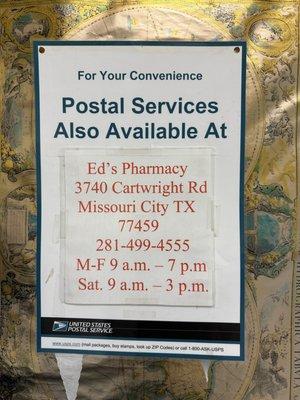 At a nearby location, Ed's Pharmacy, they offer full postal services.