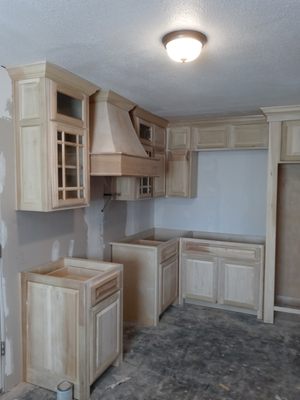 Kitchen cabinets raised panel door style with curved venthood