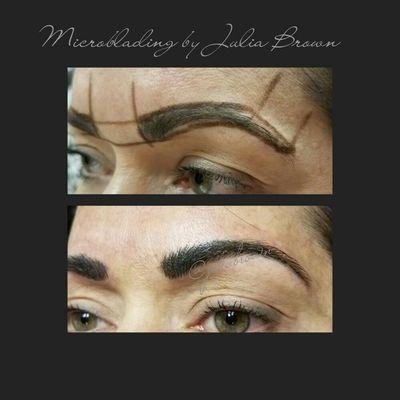 This was a correction of Microblading over older tattooed brows from years ago that had discolored and were uneven.