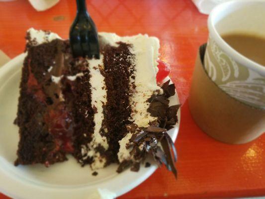 Black forest cake is light and flavorful. Good strong coffee