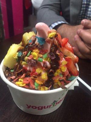 Pomegranate with Strawberries, Pineapple, Fruity Pebbles and Hot Fudge Syrup.