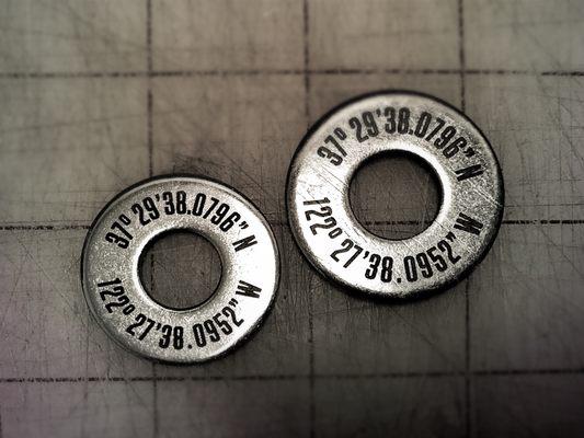 Engraved washers for a client who was creating "his & hers" bracelets for her fiancé across the country