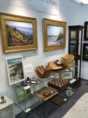 Oil Paintings by Armand Cabrera, wood bowls by Phil Evans, Acrylic paintings by Janet Ikenberry