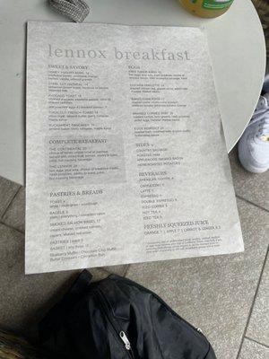 Breakfast menu