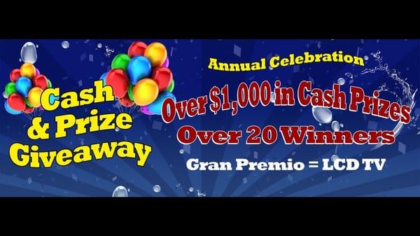 Annual Celebration going on now, from 1-1-2015 to 4-30-2015. Grand prize LCD TV. Ask our front desk for more detail.