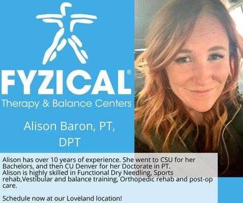 Meet Alison, our Physical Therapist. Alison specializes in Functional Dry Needling, Sports Rehab, and Balance Training.