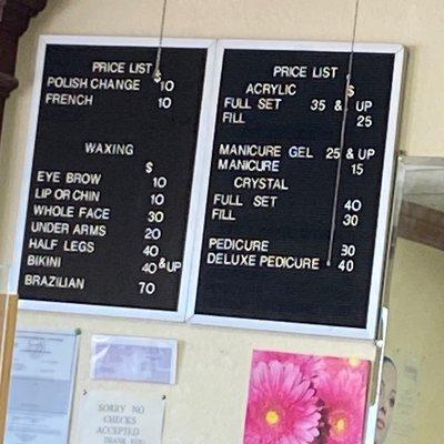 Price List at Jenny's Nail Salon