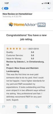 Home advisor customer review.