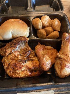 3 piece roasted chicken meal with corn nuggets and roll