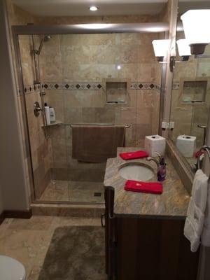 H A Construction remodeled this bath at table rock lake in Missouri 
Colors styles and designs make this home fun to be in