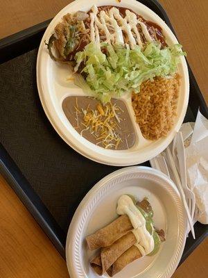 Chile rellenos plate and 3 rolled tacos a la carte. Not pictured: churro with vanilla filling