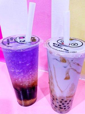 blue galaxy slushie and taro milk tea