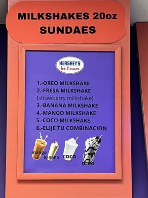 Milkshake/sundae menu