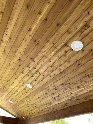 cedar tongue and groove with recessed Philips Hue lighting