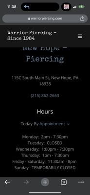 Warrior New Hope business hours