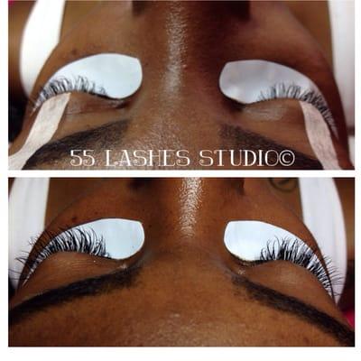 Before photo on top/after full set install on the bottom. Silk Blend Lashes 10mm - 12mm length C-Curl used