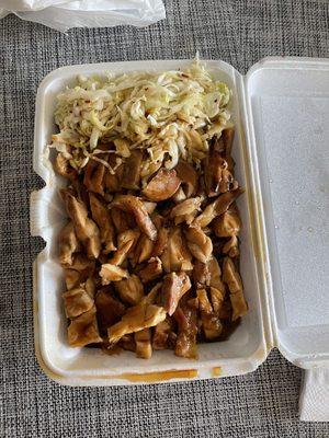 #40 triple chicken over rice w pickled cabbage. Decent but ask for the sauce on the side.