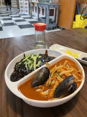 #16 Half and half (black soybean noodle & spicy seafood noodle soup)