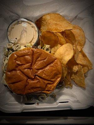 Takeout: Olive Burger w/ kettle chips & French onion dip