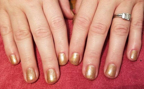 Gel polish over natural nails. #goldnails.