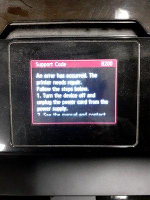 B200 error, on Canon pixma 3i1 printer. Gone after 7 years. :)