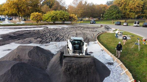 Apply and leveling rock screening for a 80,080 cubic foot skating rink. Also assembling the exterior with timber for the rink