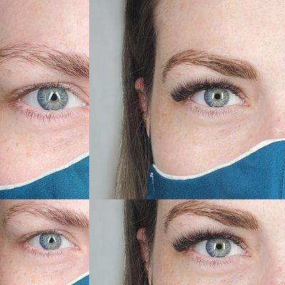 Volume lash extensions and brow tint make your eyes pop!