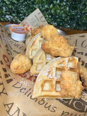 Chicken and Waffles with hot honey sauce and syrup