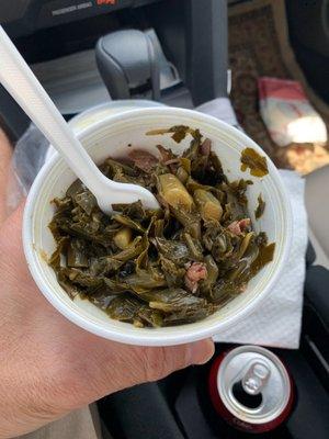 The best collards greens I've had in ages. Not too salty, bits of Arthur's bbq...