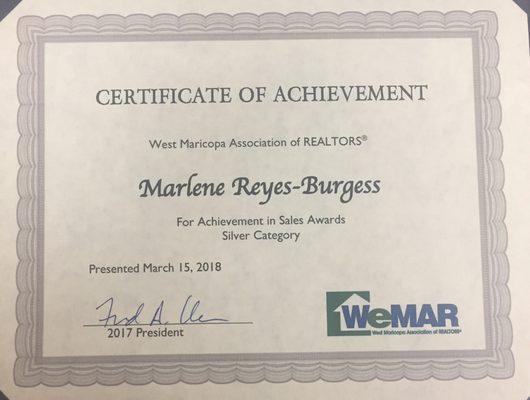 West Maricopa Association of Realtors - Achievement in Sales Award