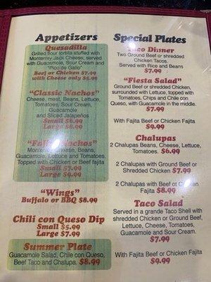 Appetizers and specials.