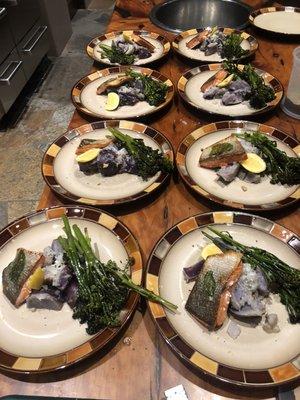 Crispy skin steelhead w/ smashed purple potatoes & Roasted broccolini