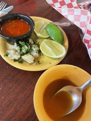 Complimentary caldo that I ate before picture and ceviche sample.