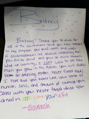 Isn't this the sweetest letter ever to my daughter from one of the staff? Cute!!