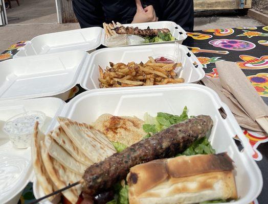 Lamb kabob, spanakopita, hummus Fries Chicken kabob, taboulleh