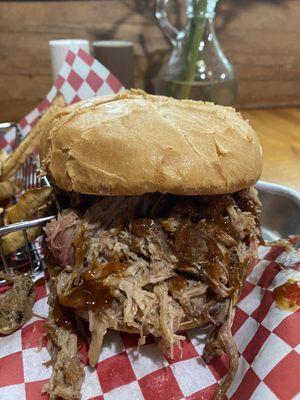 I think this was called the pulled pork sandwich and it was too big to eat in one sitting. The fries were a perfect match