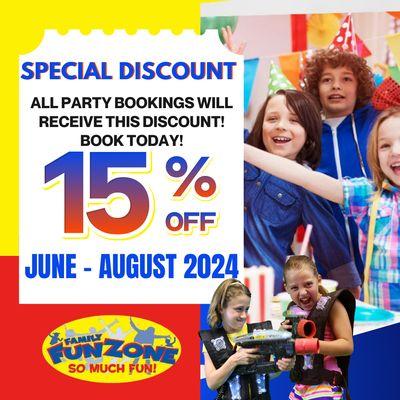 Discounts on Partys this summer!  Also a FREE laser tag game comes with all laser tag party bookings!