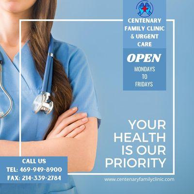 Your health is our priority. We are open Mondays-Fridays from 9AM to 6PM