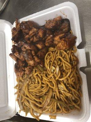 Bourbon chicken and lo mien platter