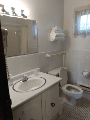 Newly Remodeled Bathroom sink, toilet and mirror.