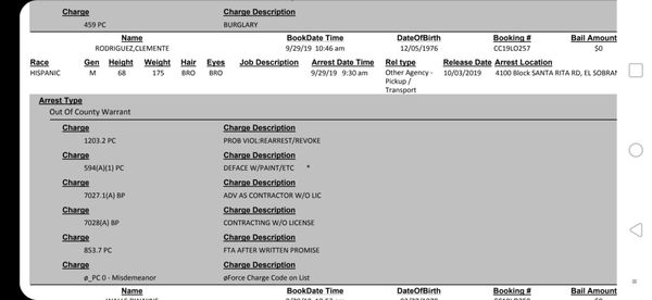 Clemente Rodriguez Prison Booking. Total of 6 charges.