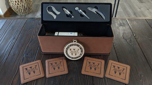 This personalizable wine box with tools is a perfect gift, especially paired with matching leather coasters and a matching ornament.